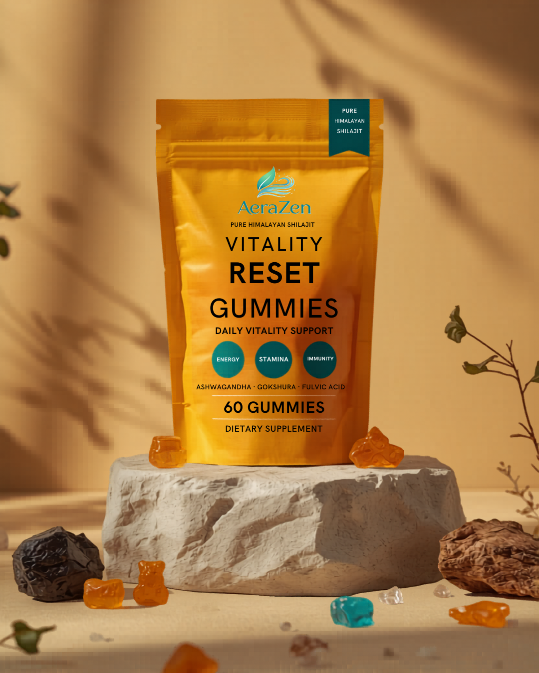 AeraZen Vitality Reset Gummies golden amber stand-up pouch with pure Himalayan Shilajit on stone platform