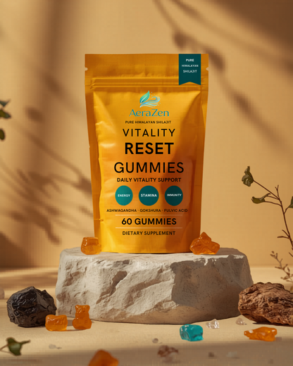 AeraZen Vitality Reset Gummies golden amber stand-up pouch with pure Himalayan Shilajit on stone platform