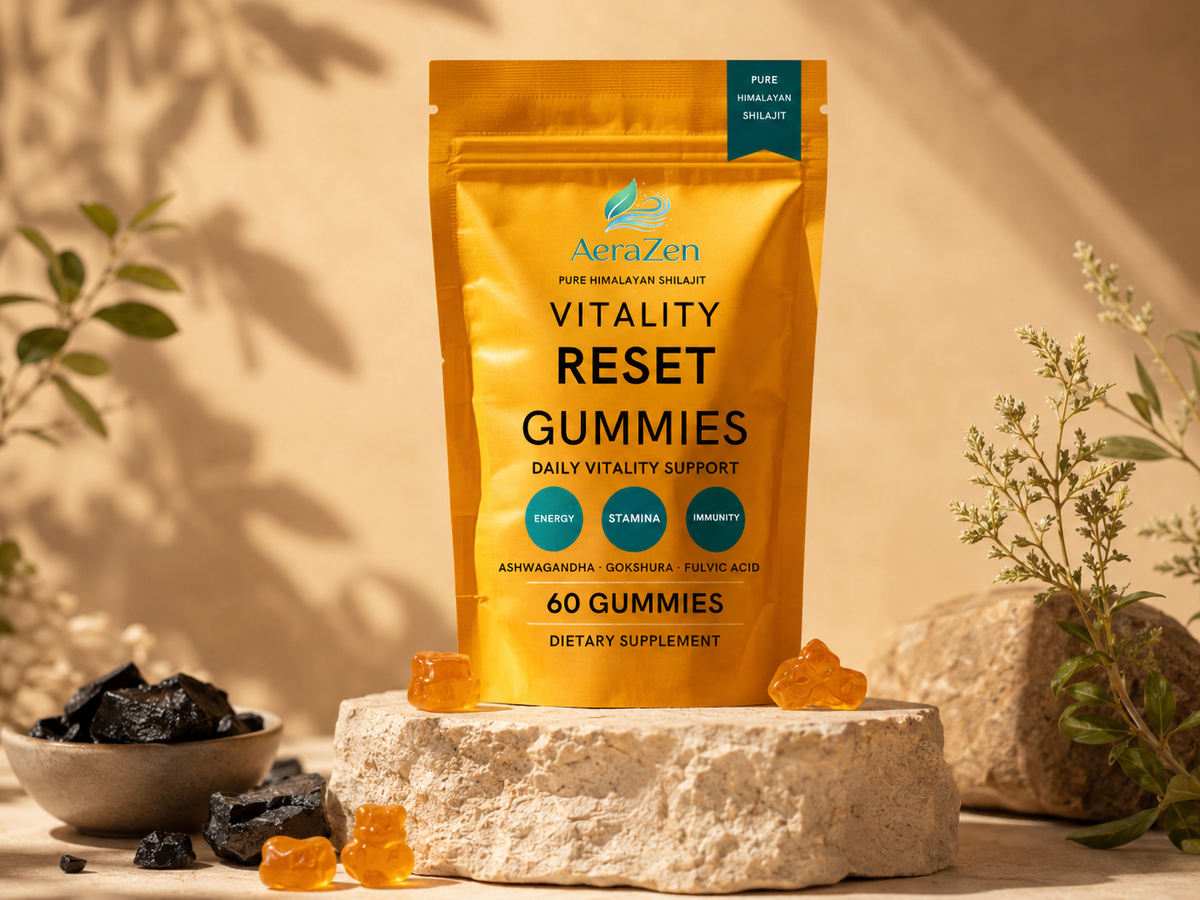 AeraZen Vitality Reset Gummies flat lay with shilajit resin and ashwagandha ingredients