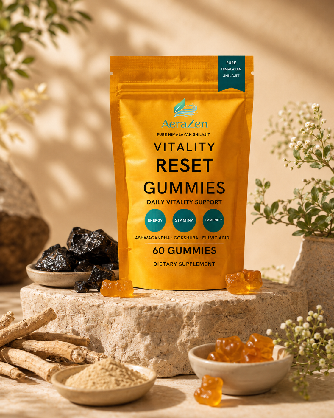AeraZen Vitality Reset Gummies Himalayan themed product shot with mountain backdrop